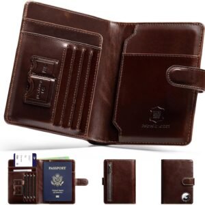 LORZOR Passport Holder for Travel: Full Grain Leather Passport Cover with Airtag Holder Magnetic Buckle for Men - RFID Blocking Bifold Wallet for Air Ticket Card Cash Coin (Brown)