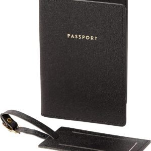 Eccolo Passport Cover Holder And Luggage Tag Set In Gift Box, Saffiano Classic Black